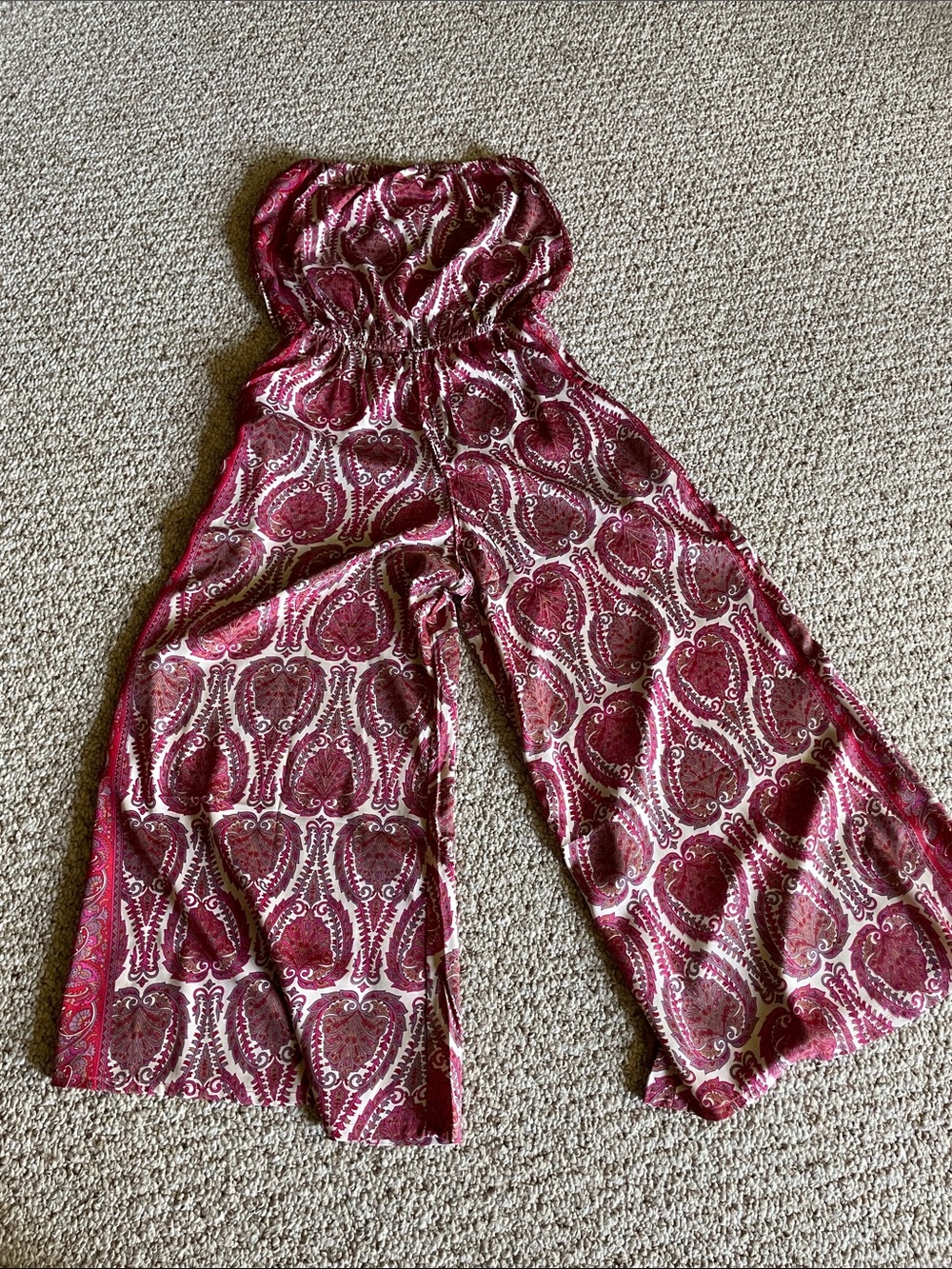 Elan Strapless Wide-Leg Jumpsuit in Burgundy Paisley